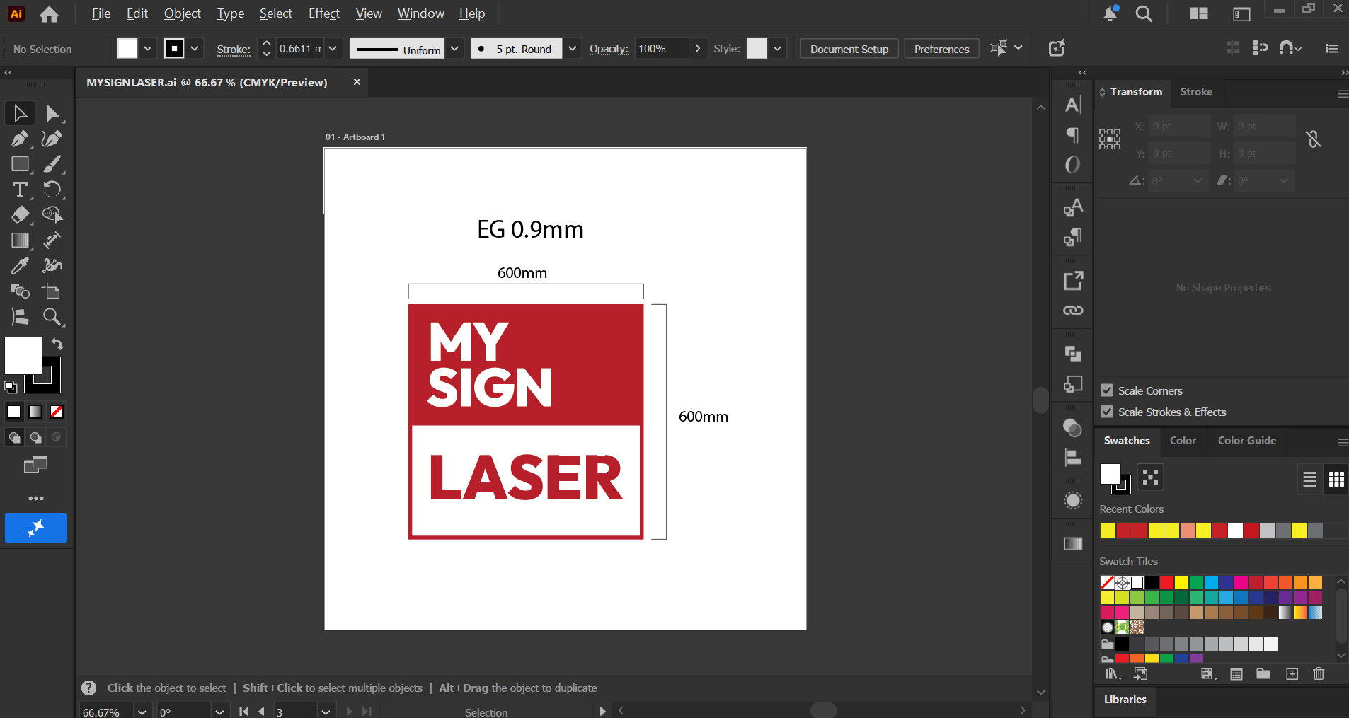 Artwork with an EG 0.9mm note and 600mm dimension lines that must be removed.